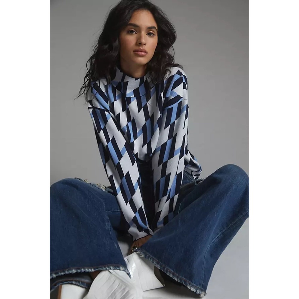 Maeve Anthropologie Cary's Mock Neck Blue Geometric Sweater XS Diamond Knit